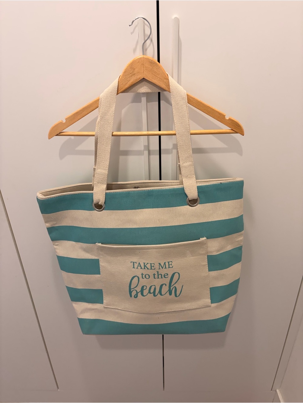 Striped Canvas Beach Tote - Turquoise & Cream